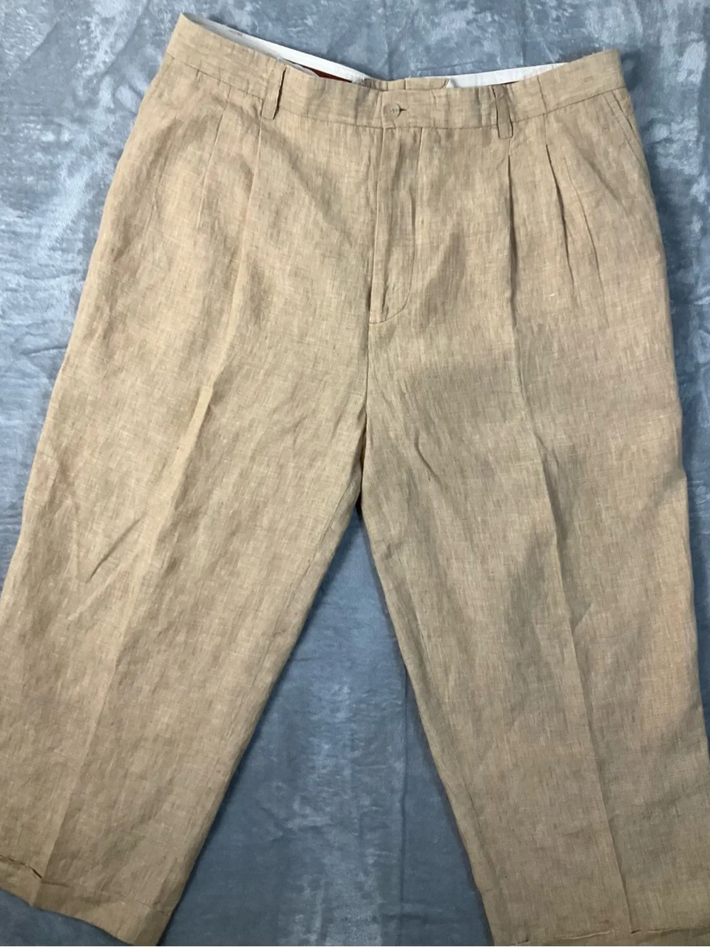 VTG Prestige Linen Pants Men’s 44 Tan Pleated Cuffed Preppy 25” Inseam Summer